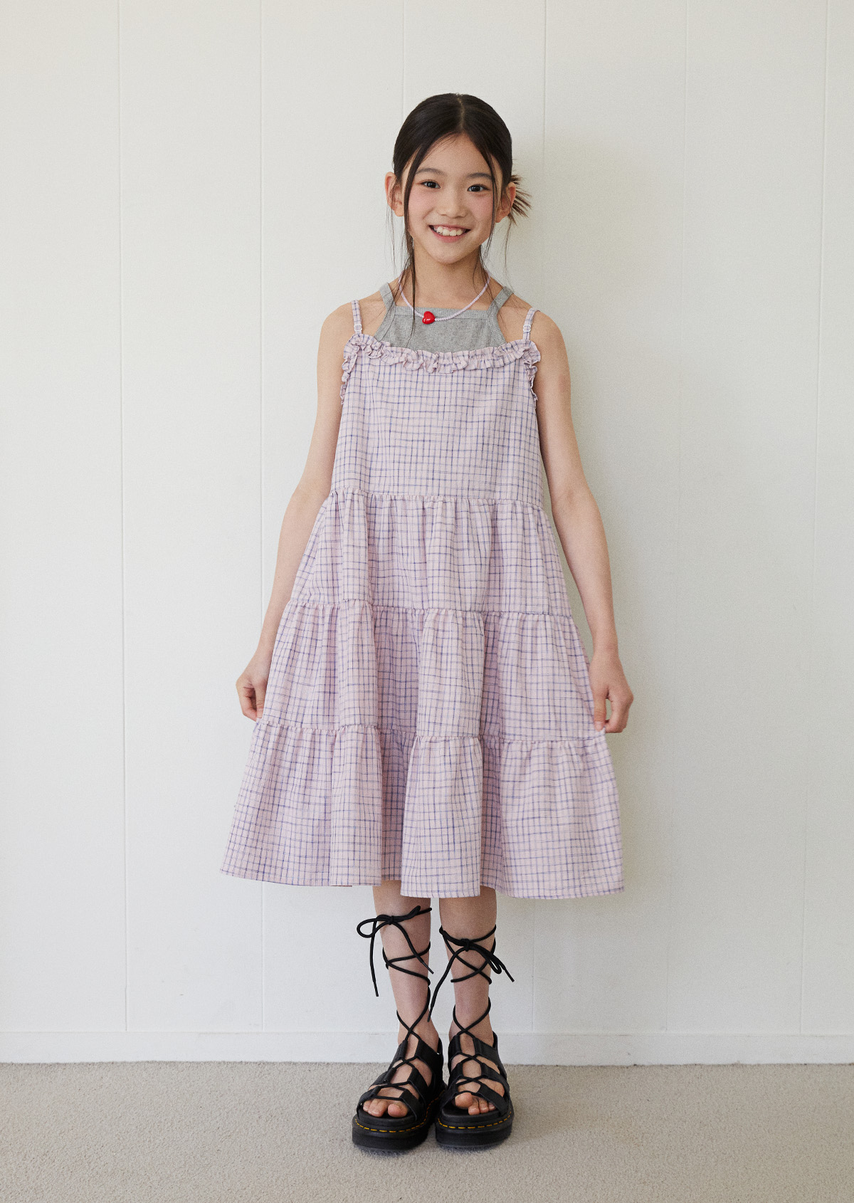 Check Tiered Dress - Pink