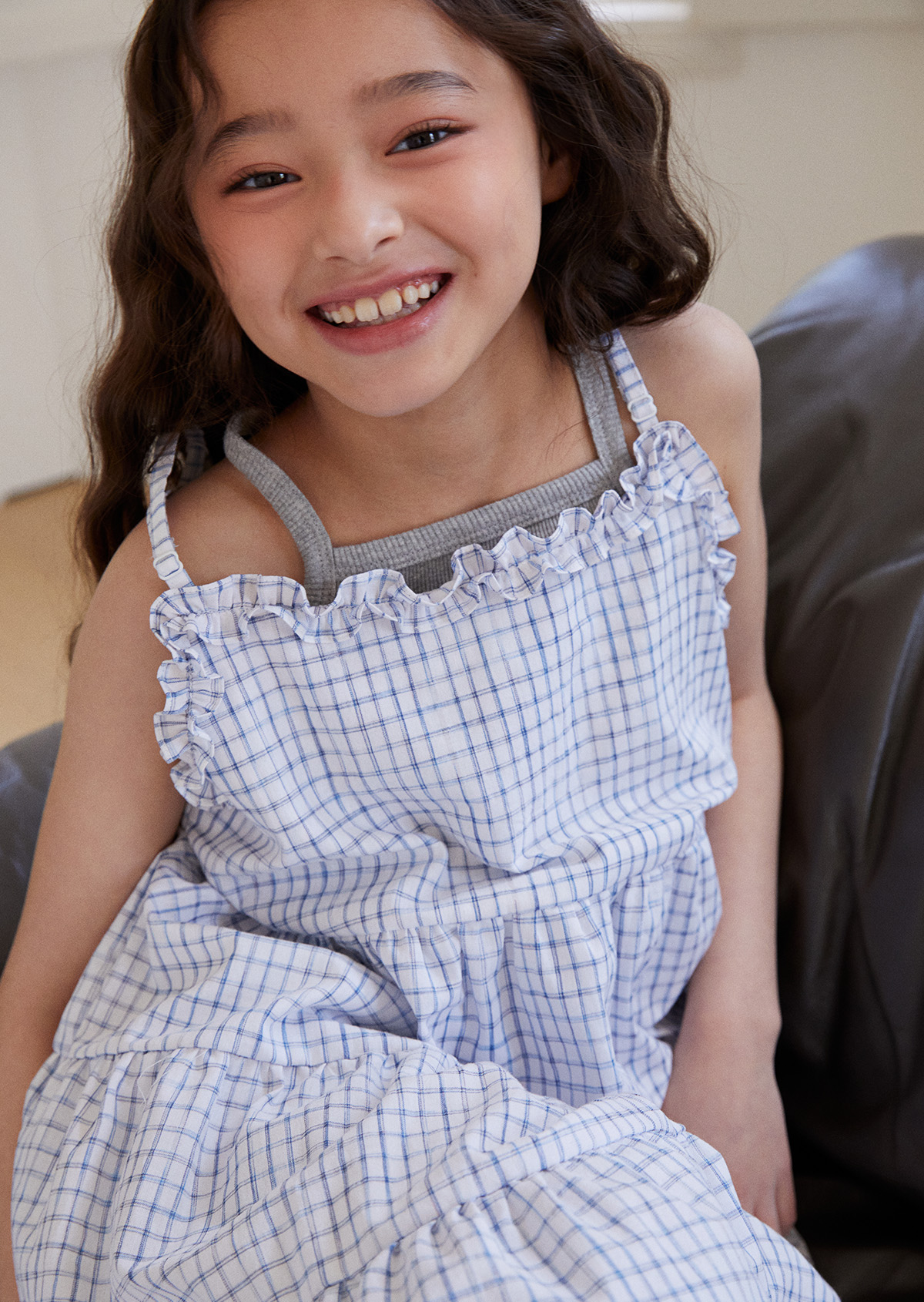 Check Tiered Dress - White