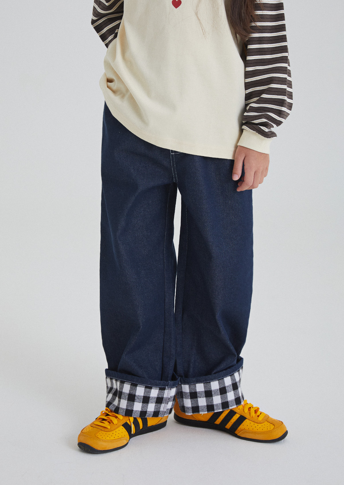 Momo Check Roll-up Denim Pants - Indigo